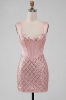 Load image into Gallery viewer, Sparkly Pink Bodycon Sequins Corset Short Prom Dress