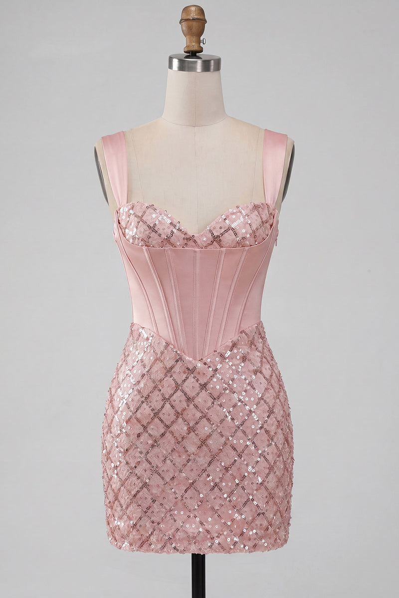 Load image into Gallery viewer, Sparkly Pink Bodycon Sequins Corset Short Prom Dress