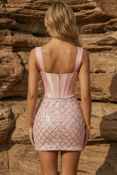 Sparkly Pink Bodycon Sequins Corset Short Prom Dress
