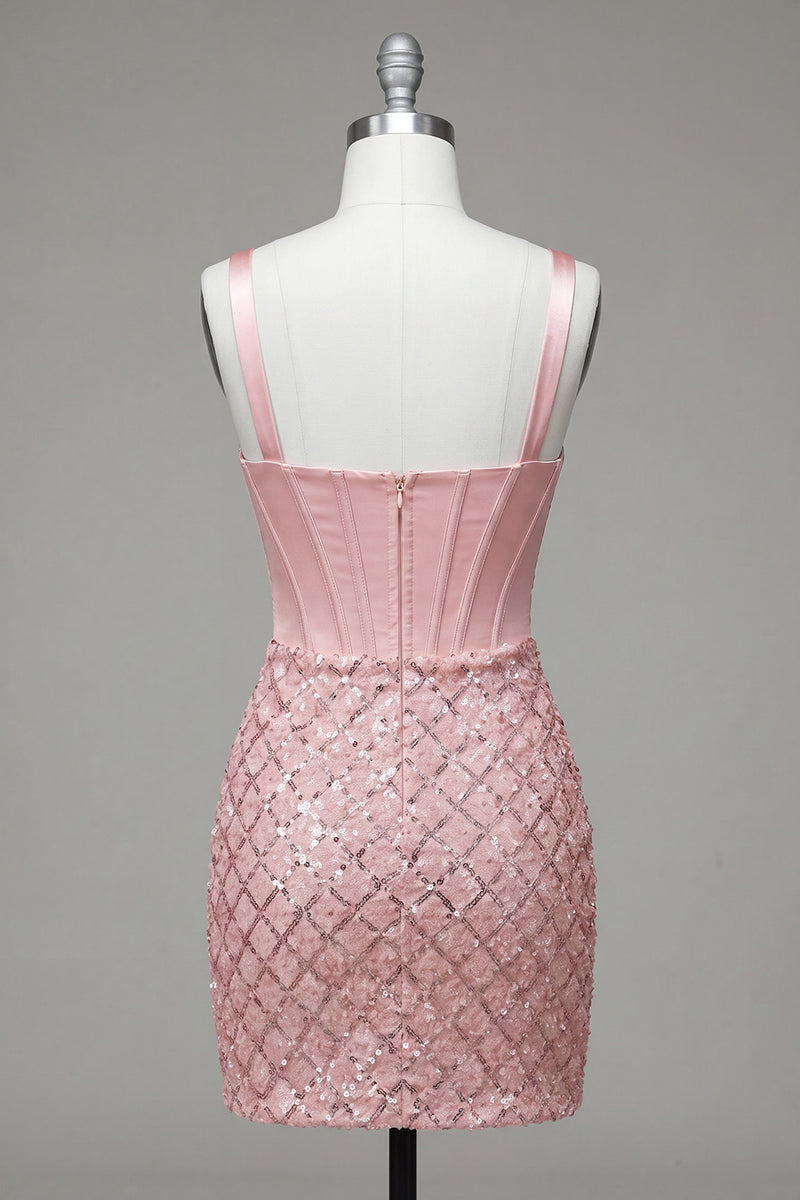 Load image into Gallery viewer, Sparkly Pink Bodycon Sequins Corset Short Prom Dress