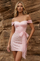 Load image into Gallery viewer, Sparkly Off the Shoulder Pink Corset Bodycon Short Prom Dress with Bow
