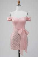 Load image into Gallery viewer, Sparkly Off the Shoulder Pink Corset Bodycon Short Prom Dress with Bow