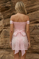 Load image into Gallery viewer, Sparkly Off the Shoulder Pink Corset Bodycon Short Prom Dress with Bow