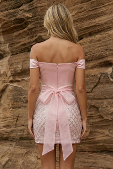Sparkly Off the Shoulder Pink Corset Bodycon Short Prom Dress with Bow