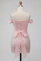 Load image into Gallery viewer, Sparkly Off the Shoulder Pink Corset Bodycon Short Prom Dress with Bow