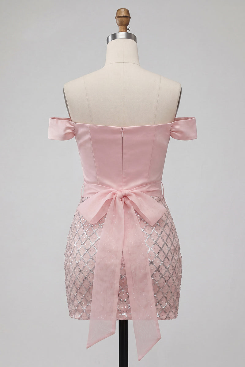 Load image into Gallery viewer, Sparkly Off the Shoulder Pink Corset Bodycon Short Prom Dress with Bow