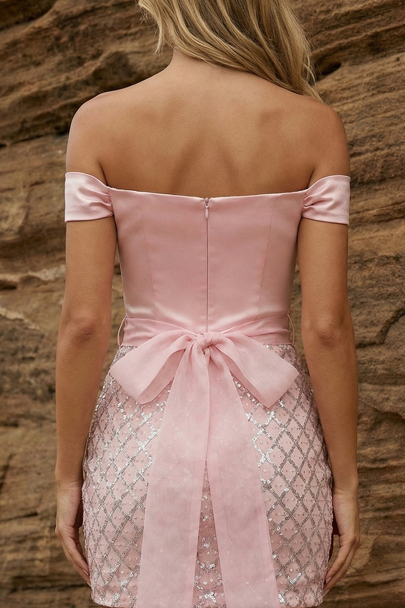 Load image into Gallery viewer, Sparkly Off the Shoulder Pink Corset Bodycon Short Prom Dress with Bow