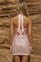 Load image into Gallery viewer, Sparkly Pink Halter Corset Short Bodycon Prom Dress with Sash