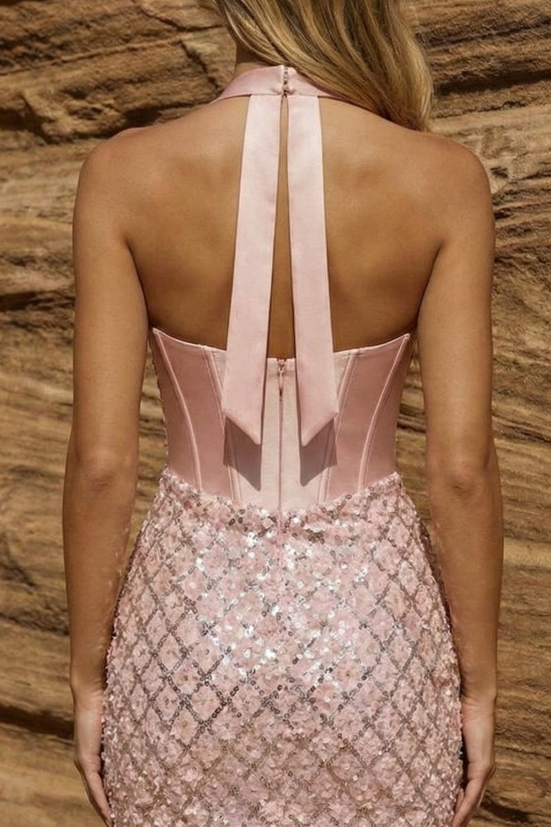 Load image into Gallery viewer, Sparkly Pink Halter Corset Short Bodycon Prom Dress with Sash