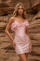 Load image into Gallery viewer, Sparkly Pink Strapless Floral Bodycon Short Corset Prom Dress