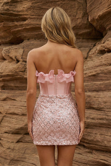 Sparkly Pink Strapless Floral Bodycon Short Corset Prom Dress