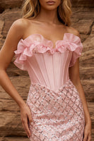 Load image into Gallery viewer, Sparkly Pink Strapless Floral Bodycon Short Corset Prom Dress