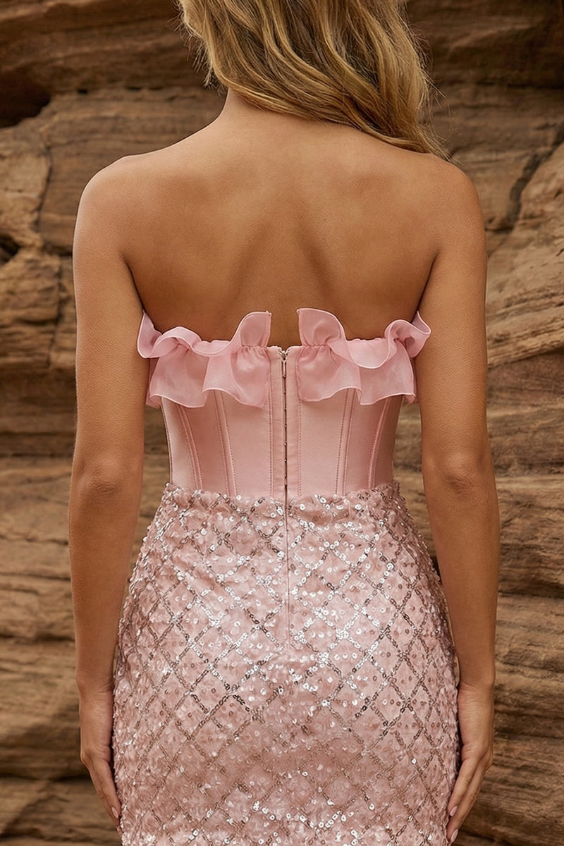 Load image into Gallery viewer, Sparkly Pink Strapless Floral Bodycon Short Corset Prom Dress