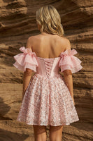 Load image into Gallery viewer, Sparkly Corset Pink Sweetheart Ruffled Sleeves Short Prom Dress