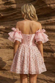 Sparkly Corset Pink Sweetheart Ruffled Sleeves Short Prom Dress