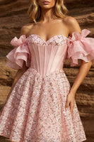Load image into Gallery viewer, Sparkly Corset Pink Sweetheart Ruffled Sleeves Short Prom Dress