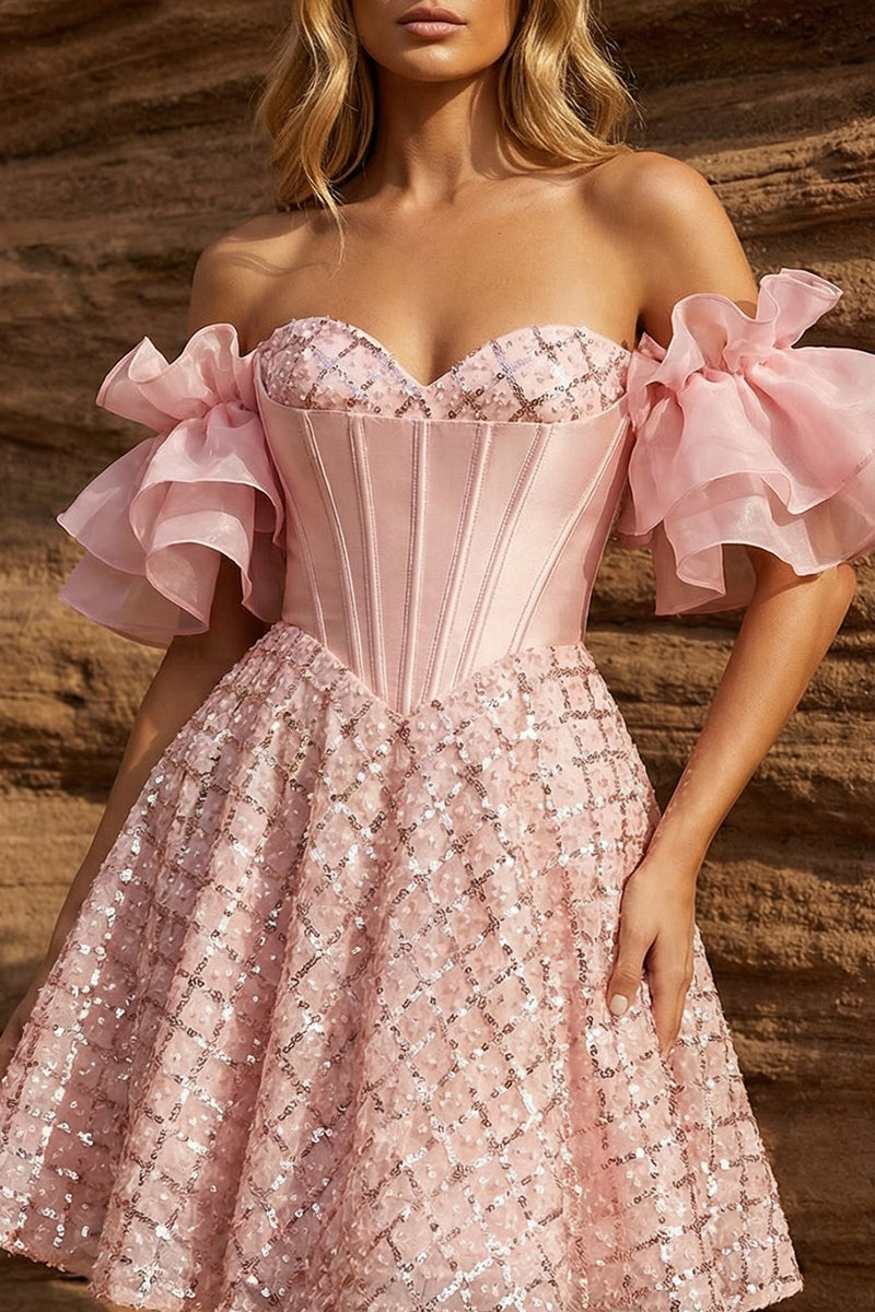 Load image into Gallery viewer, Sparkly Corset Pink Sweetheart Ruffled Sleeves Short Prom Dress