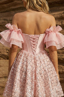 Load image into Gallery viewer, Sparkly Corset Pink Sweetheart Ruffled Sleeves Short Prom Dress