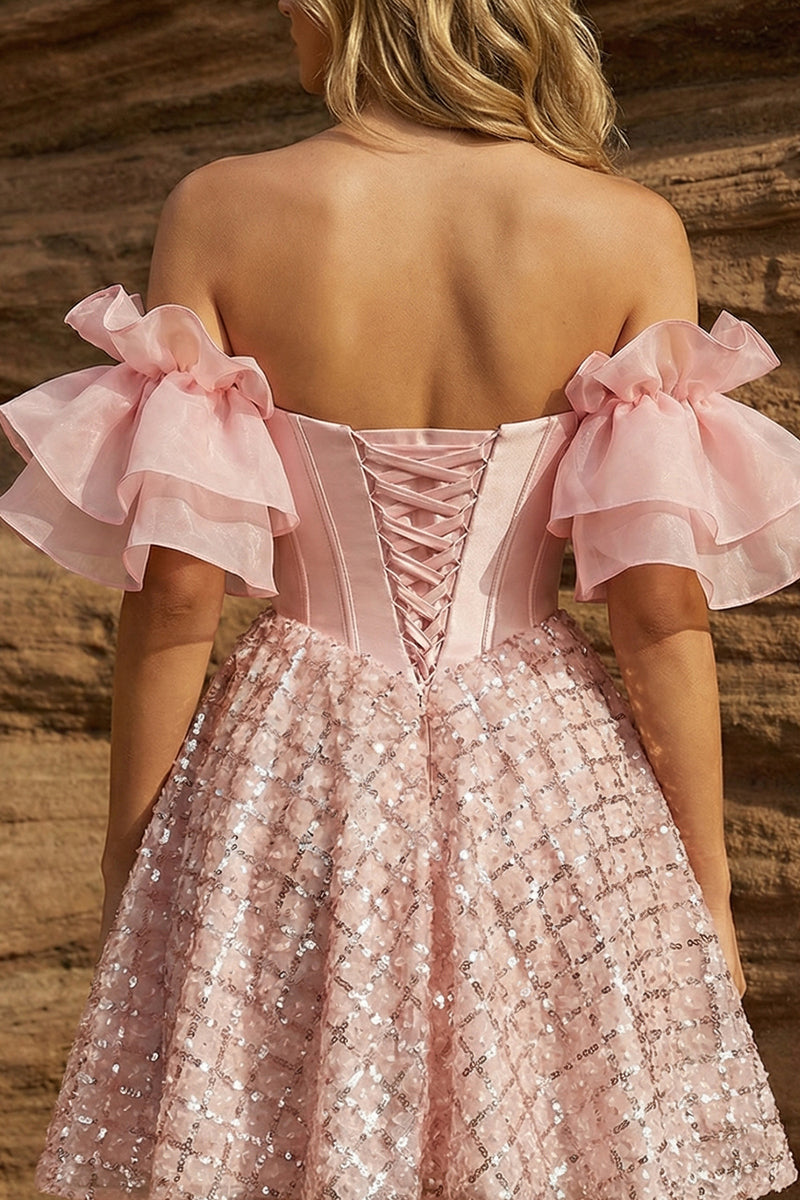Load image into Gallery viewer, Sparkly Corset Pink Sweetheart Ruffled Sleeves Short Prom Dress