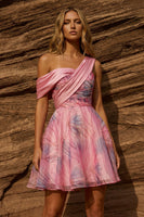Load image into Gallery viewer, Pink Chiffon A Line Asymmetrical Neck Short Prom Dress