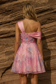 Pink Chiffon A Line Asymmetrical Neck Short Prom Dress