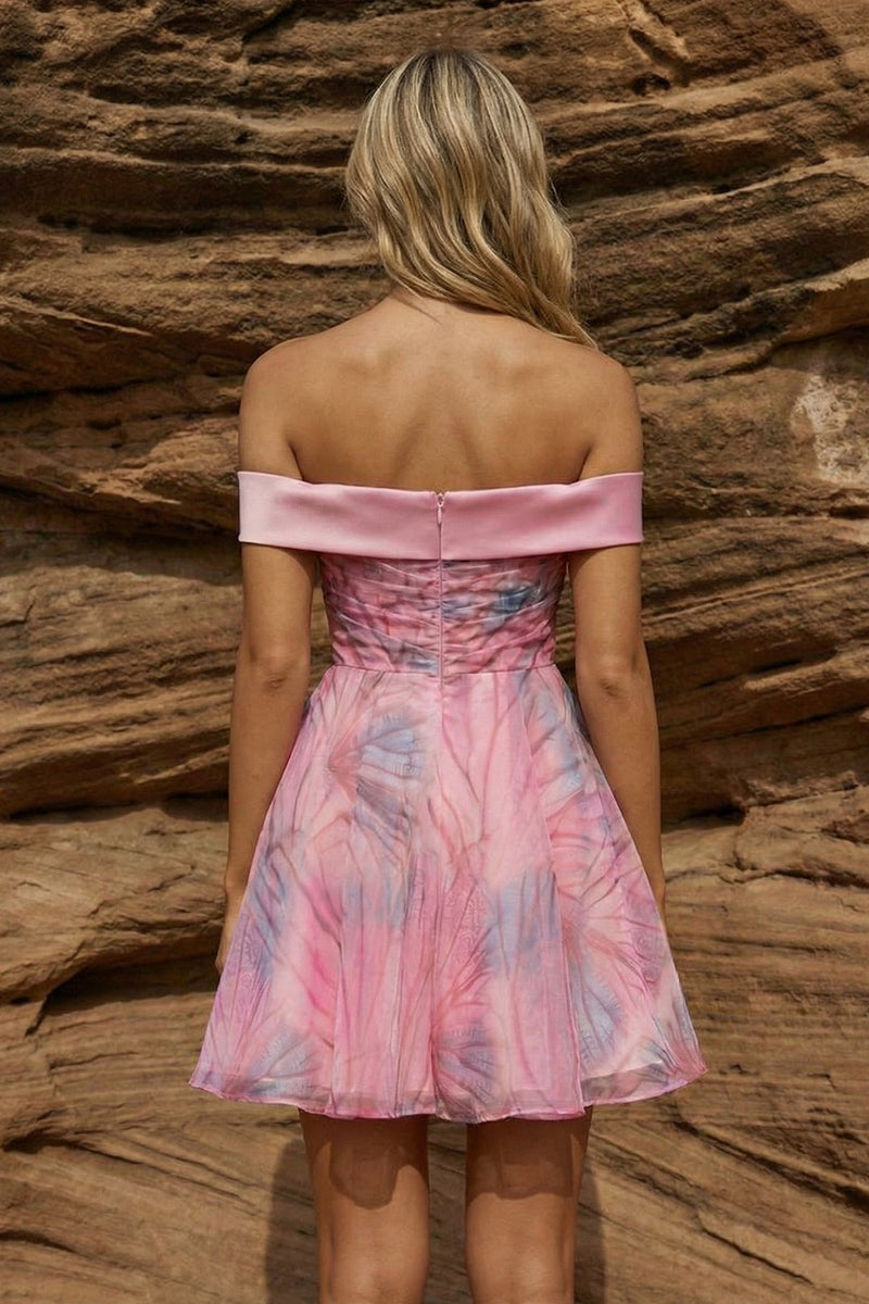 Load image into Gallery viewer, Pink Off the Shoulder Chiffon A Line Short Prom Dress