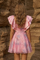 Load image into Gallery viewer, Chiffon Pink Ruffled Sleeves A Line Square Neck Short Prom Dress