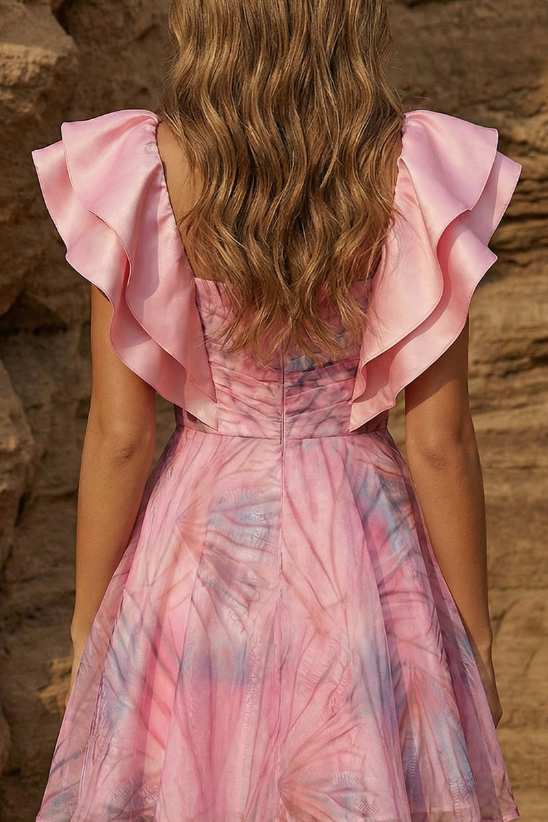 Load image into Gallery viewer, Chiffon Pink Ruffled Sleeves A Line Square Neck Short Prom Dress