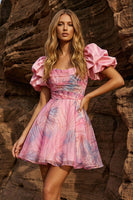 Load image into Gallery viewer, Pink Chiffon A Line Puff Sleeves Square Neck Short Prom Dress
