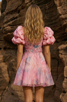 Load image into Gallery viewer, Pink Chiffon A Line Puff Sleeves Square Neck Short Prom Dress
