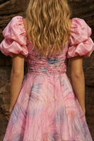Load image into Gallery viewer, Pink Chiffon A Line Puff Sleeves Square Neck Short Prom Dress