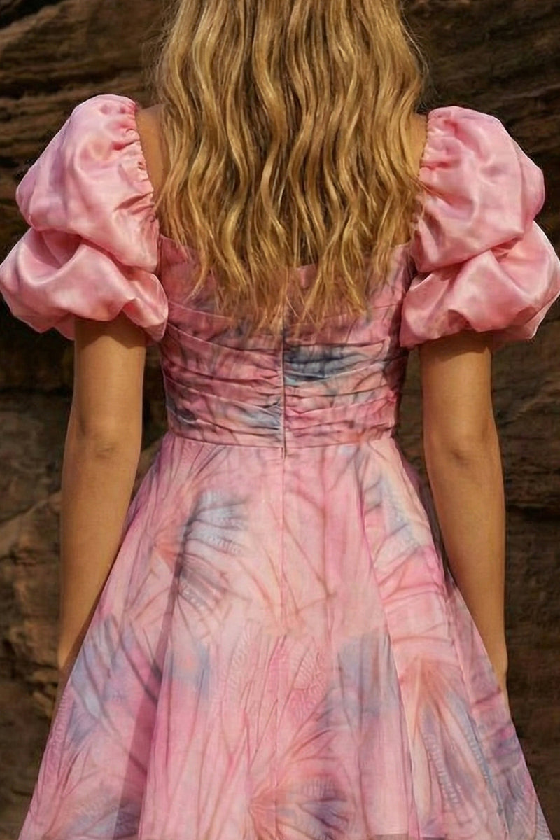 Load image into Gallery viewer, Pink Chiffon A Line Puff Sleeves Square Neck Short Prom Dress