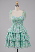 Load image into Gallery viewer, Ruffled Light Green Floral A Line Jacquard Short Prom Dress with Bows