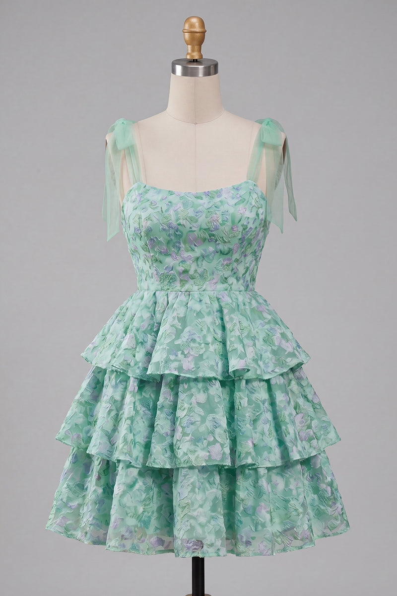 Load image into Gallery viewer, Ruffled Light Green Floral A Line Jacquard Short Prom Dress with Bows