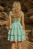 Load image into Gallery viewer, Ruffled Light Green Floral A Line Jacquard Short Prom Dress with Bows