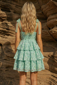 Ruffled Light Green Floral A Line Jacquard Short Prom Dress with Bows