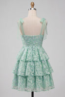 Load image into Gallery viewer, Ruffled Light Green Floral A Line Jacquard Short Prom Dress with Bows