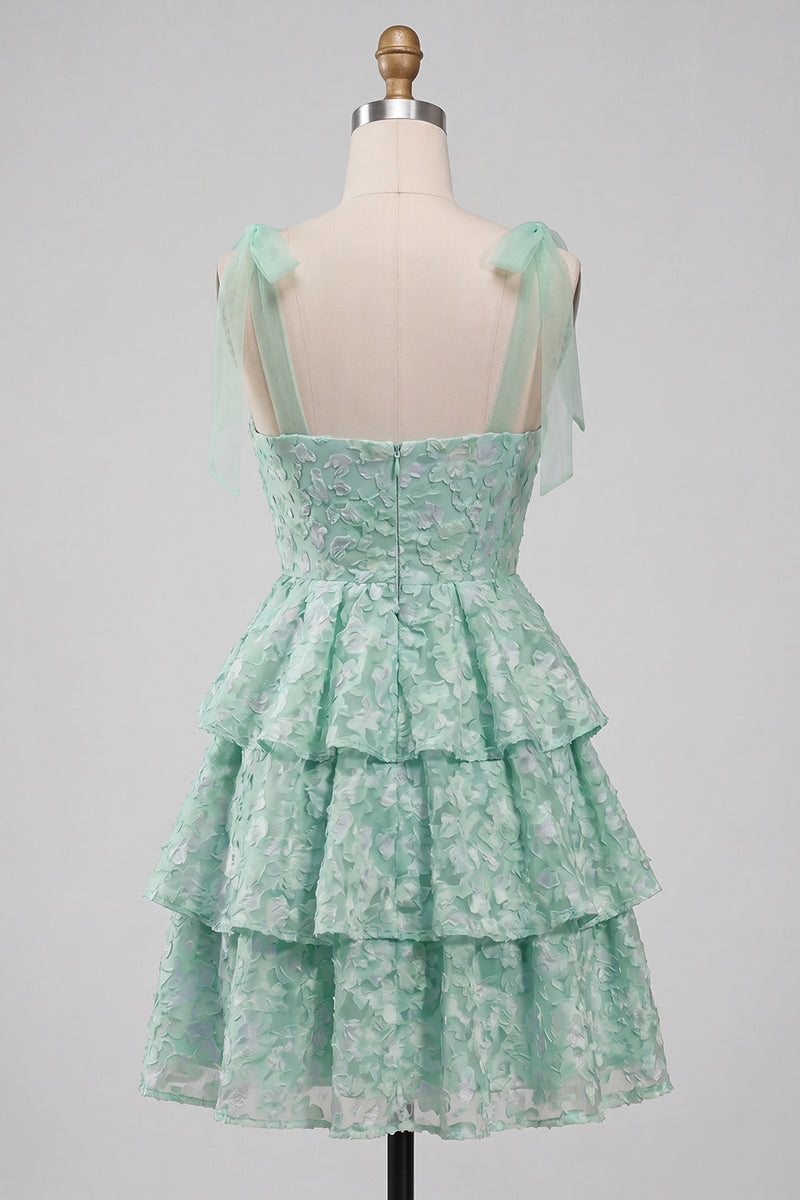 Load image into Gallery viewer, Ruffled Light Green Floral A Line Jacquard Short Prom Dress with Bows
