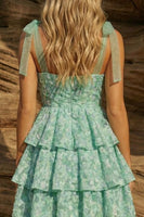 Load image into Gallery viewer, Ruffled Light Green Floral A Line Jacquard Short Prom Dress with Bows