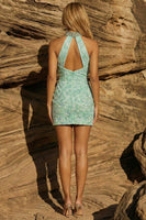 Load image into Gallery viewer, Bodycon Light Green Floral Keyhole Short Beaded Prom Dress