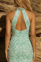 Load image into Gallery viewer, Bodycon Light Green Floral Keyhole Short Beaded Prom Dress