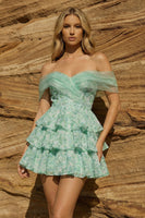Load image into Gallery viewer, Light Green Off the Shoulder Ruffled Floral A Line Short Prom Dress