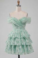 Load image into Gallery viewer, Light Green Off the Shoulder Ruffled Floral A Line Short Prom Dress