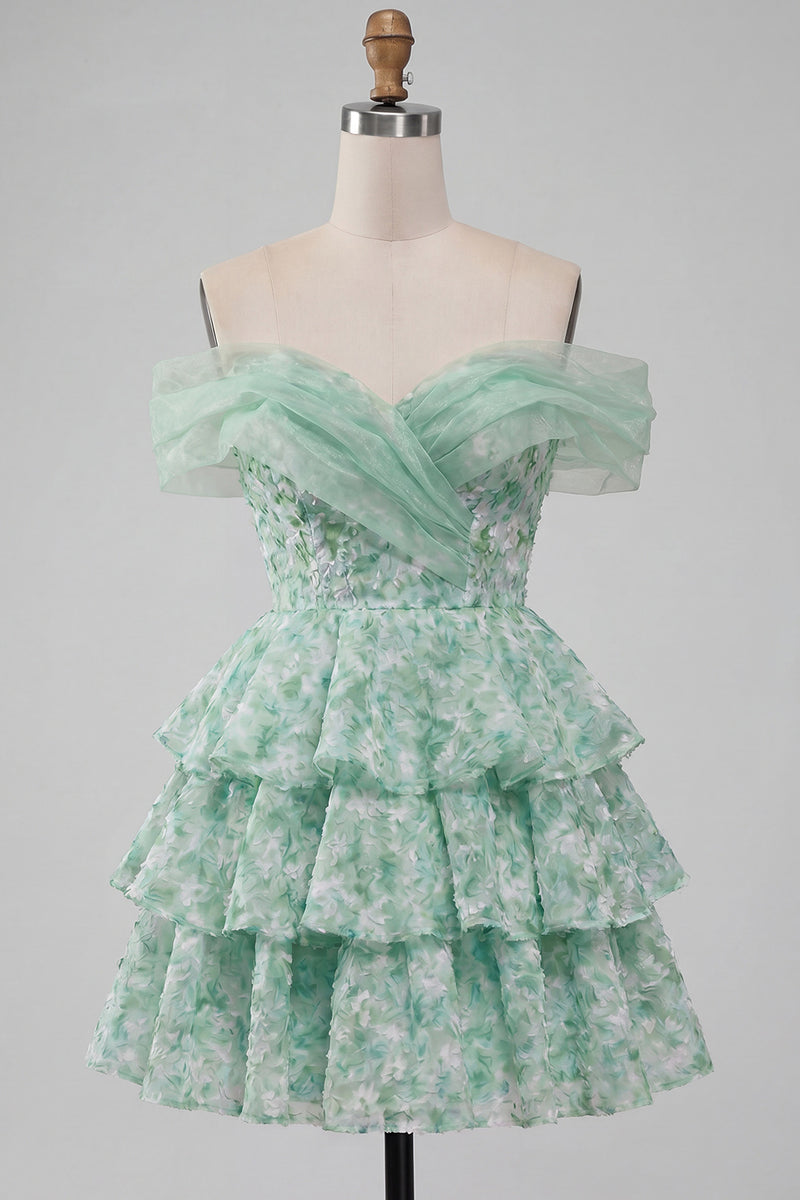 Load image into Gallery viewer, Light Green Off the Shoulder Ruffled Floral A Line Short Prom Dress