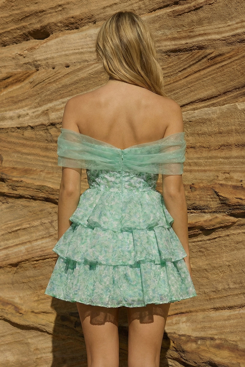 Load image into Gallery viewer, Light Green Off the Shoulder Ruffled Floral A Line Short Prom Dress
