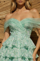 Load image into Gallery viewer, Light Green Off the Shoulder Ruffled Floral A Line Short Prom Dress