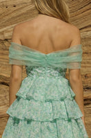 Load image into Gallery viewer, Light Green Off the Shoulder Ruffled Floral A Line Short Prom Dress