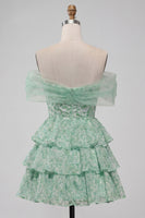 Load image into Gallery viewer, Light Green Off the Shoulder Ruffled Floral A Line Short Prom Dress