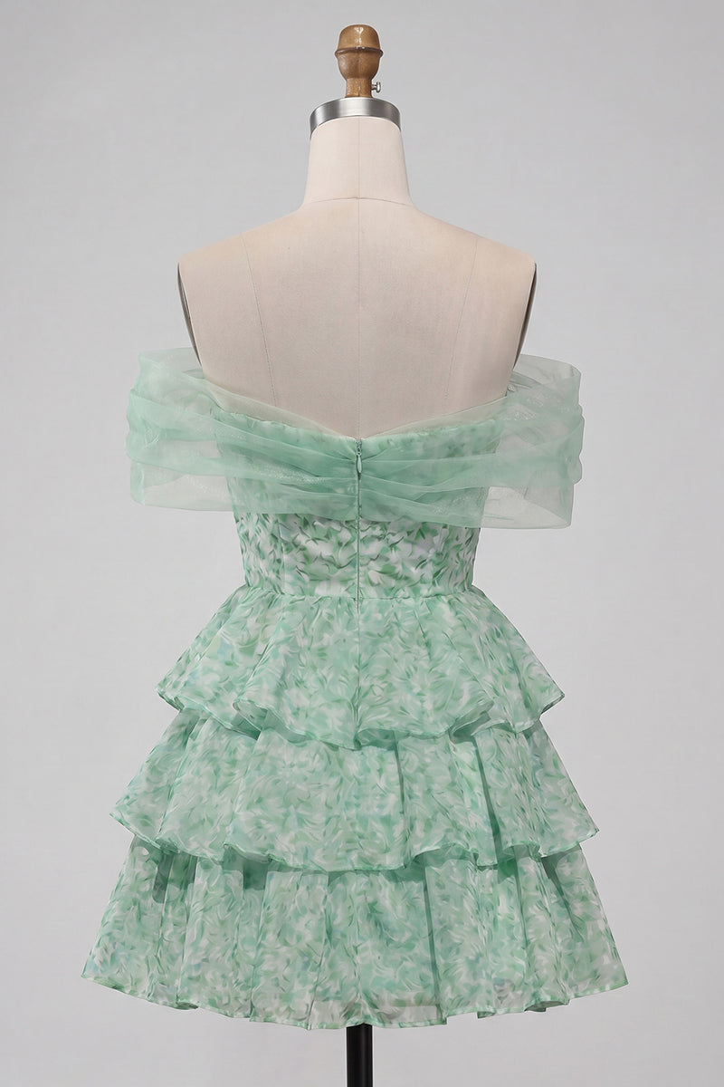 Load image into Gallery viewer, Light Green Off the Shoulder Ruffled Floral A Line Short Prom Dress