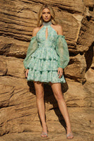 Load image into Gallery viewer, Light Green Keyhole Halter Short Prom Dress with Detachable Sleeves